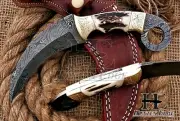HUNTEX Handmade Damascus Blade, Deer Antler HDL, Full-Tang 230 mm Karambit Knife
