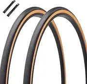 2pcs 700x25C/700x28C Folding Bead Road Bike Tire with Pair Levers | 60 TPI Nylon Puncture Protection Bicycle Replacement Tyres for MTB Hybrid Urban City Commuter | Brown Sidewall