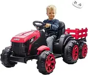 KIDBOT Electric Ride on Tractor Car Toy for Kids,Remote Control Car Home Outdoor Vehicle Trailer MP3 Player Safety Belt LED Light Red