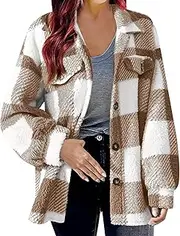 [Qolkmuiy-GJ] Womens Fuzzy Fleece Plaid Shacket Jacket Lapel Button Down Sherpa Cozy Coat Long Sleeve Plush Outwear with Pocket (Coffee 1,XL), Coffee 1, XL