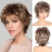 Short Brown Wigs for Women Pixie Cut Wig with Bangs Layered Straight Curly Wigs for White Women Shaggy Full Synthetic Wig Wavy Curly Medium Length Mixed Brown