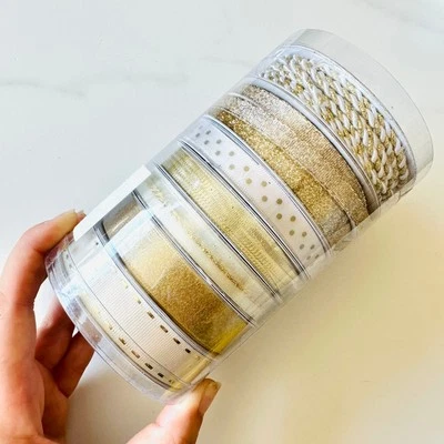 8 NEW White Gold Sparkle Gift Ribbon Boxed Set Christmas Wrapping Holiday
