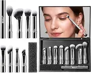 BEILI Travel Eye Makeup Brushes Set 8pcs Removable Double Sided Makeup Brush with Mirror Box & Removal Cleaner Sponge for Concealer Eyeshadow Contour Powder Blending Eyebrow Eyeliner Silver S103