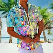 Men's Ombre Geometic Casual Shirt Button Up Shirt Aloha Shirt Short Sleeve Hawaiian Resort Vacation Casual Summer Spring Turndown Button Up Blue
