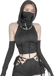 [Generic] Women's Open Back Sleeveless Hooded Crop Top with Arm Sleeve