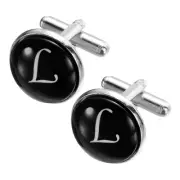 2Pcs Initial Cufflinks, Iron Round Letter Cuff Links for Men (Black/White, L)