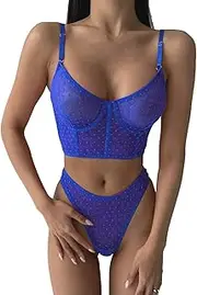 [Generic] Plus Size Lingerie Sexy Under 10 Mesh Sheer Lingerie Set See Through Panty Bra Lingerie Top for Women
