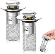 2Pcs Bathroom Sink Stopper, Pop Up Bathroom Sink Drain Strainer with Removable Stainless Steel Filter Basket Brass Bullet Core Drain Hair Catcher Tub Stopper Fit 1.34''-1.57'' Hole