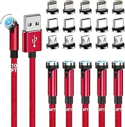 Magnetic Charging Cable, 540 Rotating Phone Charger [6-Pack, 3ft/3ft/3ft/6ft/6ft/10ft] 3 in 1 USB Cable Nylon Braided for iProduct/Micro USB/Type C Device-Red