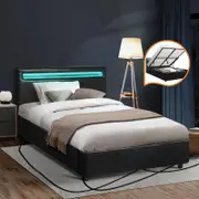 Oikiture Bed Frame Gas Lift RGB LED Black MARC- King Single