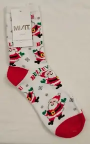 Believe Santa Clause Socks 1 Pair Red & White Shoe Size 4-10