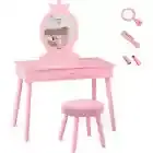 Kids Vanity Cute Dressing Makeup Table Stool Set Children Princess Mirror Drawer