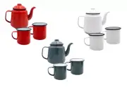 Falcon Enamel Teapot & Mugs in Red White & Gray colour for Kitchen & Camping use