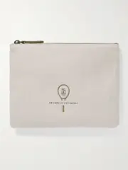 [Brunello Cucinelli] Brunello Cucinelli - Embroidered Leather-trimmed Cotton And Linen-blend Tweed Pouch - Off-white - One size One size Off-white