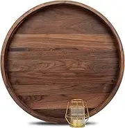 MAGIGO 20 Inches Extra Large Round Black Walnut Wood Ottoman Tray with Handles, Serve Tea, Coffee or Breakfast in Bed, Classic Circular Wooden Decorative Serving Tray