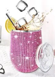 Pink Rhinestone Insulated Double Wall Stemless Wine Flute Diamante Glitter