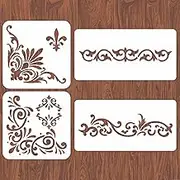 INFUNLY 4PCS Corner Stencils for Painting Vintage Flower Border Stencil Large Square Lace Tile Stencil Reusable Damask Furniture Stencils for Wood Canvas Paper Fabric Floor DIY Craft