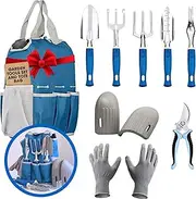 Botana Garden Tools Set 9-Piece – Heavy Duty Aluminum Gardening Supplies, Ergonomic Handles, Multi-Pocket Tote Bag, Pruning Shears, Knee Support Pads, Gloves, Ideal for Planting & Weeding, Blue/Grey