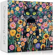 Cat Puzzle for Adults 1000 Pieces, Black Cat Puzzle with Flowers and Plants, Garden Kitten Animal Jigsaw Puzzle, Challenging Kitty Puzzle for Adults