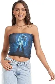 [RPLIFE] Wolves Howling Moon Night Space Cropped Tube Top Strapless Tube Top, Sheer Tube Tops, Beach Tube Tops (S)