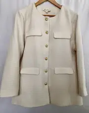 Designer Inspired Cream Tweed Mid Length Gold Buttons Classic Blazer Jacket XL