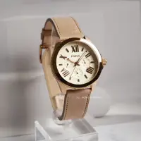在飛比找momo購物網優惠-【FOSSIL】玫瑰金 三眼日期 卡其皮革錶帶 女錶 手錶 