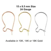 10K 14K 18K Solid Gold or Silver Plain Kidney Ear Wires Hooks 15x8.5 mm w/Ring