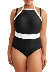 Terra & Sky Women's Plus One Piece Swimsuit Black 5X (32-34) High Neck Halter