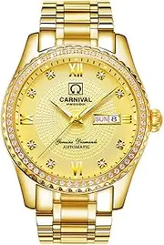 [Carnival] Mens Dial Automatic Full Gold Stainless Steel Sapphire Glass Waterproof Men Black Watch