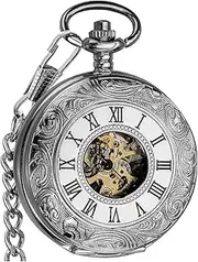 [VIGOROSO] Men's Pocket Watch with Chain Half Hunter Double Cover Skeleton Mechanical Pocket Watches for Men Dad
