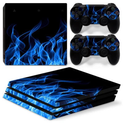 PS4 PRO Console & 2 Controllers Blue Flame Decal Vinyl Cover Skin Sticker