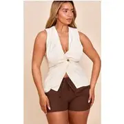 Shape Cream Linen Plunge Front Ruched Gold Hammered Button Waistcoat, Cream