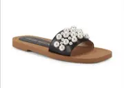 Brand New Authentic Stuart Weitzman Goldie Faux Pearl-Studded Leather Slides 9.5