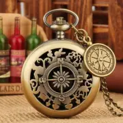 Vintage Style Half Hunter Case Men Women Pocket Compass Pendant Accessory Chain