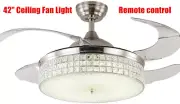 42 Inch Crystal Ceiling Fan with Light Modern Retractable Flush Mount Chandelier