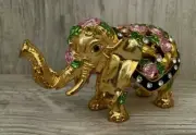 Elephant Roses Bejeweled Enamel Hinged Trinket Jewelry Box Rhinestones Crystals