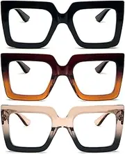 [REAVEE] 3 Pack Oversized Reading Glasses For Women Extra Wide Large Frame, Blue Light Blocking Readers Stylish Thick Square Glasses, Black+Brown Orange+Black Tea, 1.5, Black + Orange Brown + Black Tea,
