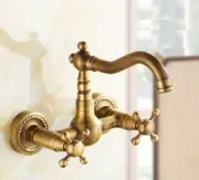 Antique Brass Wall Mounted Bathroom Faucet Kitchen Mixer Tap Swivel Spout AUW