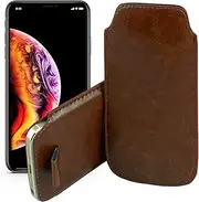 MEZON Pull Tab Slim Faux Leather Pouch Sleeve Case for Apple iPhone 11 Pro Max (6.5") – Shock Absorption, Wireless Charging Compatible (iPhone 11 Pro Max, Brown)