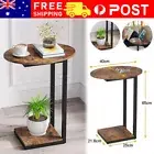 Wooden C-Shaped End Table with Metal Frame Sofa Side Table Small Space Brown