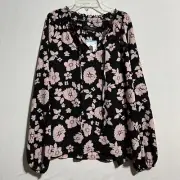 Social Standard by Sanctuary Peasant Top Women's L Black Pink Floral Pullover