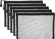 uxcell A5 Mesh Zipper Pouch Bags, 5 PCS Mesh Bags with Zipper Plastic Storage Pocket for Organizing File Beads Office Home Supplies, 18x25cm, Black
