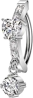 [Pierced Owl] 14GA 316L Stainless Steel CZ Crystal Heart Center with Dangling Gem Hinged Curved Bar Belly Button Ring, 14ga, Metal, cubic zirconia