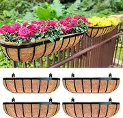 LaLaGreen Railing Planter Box (24 Inch, 4 Pack) Black Metal Rectangular Hanging Planters with Coco Liner, Flower Boxes Brackets for Deck Railings Outdoor Plants Over Rail Fence Balcony Patio Porch