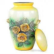 11" 3D Carved Decorative Flowers Aluminum Metal Cremation Urns for Human Ashes | Hand-Crafted Large Urn for Adult Cremation (Yellow Roses)
