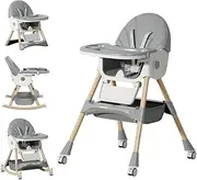 ROUTTOON Baby High Chair, 5 in 1 Foldable High Chair for Babies & Toddlers, Travel High Chair with Foot Rest, Detachable PU Cushion, Double Removable Tray, Adjustable Height (Wood Grain, Solid)