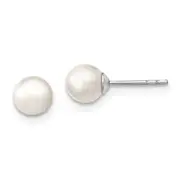 Sterling Silver Rhodium Plated 5-6mm White Round Freshwater Cultured Pearl Post Stud Earrings