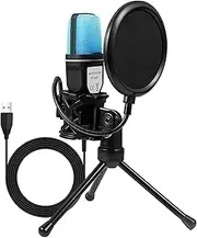 Gaming USB Microphone for PC, Omnidirectional Computer Mic with Controllable RGB Light, Noise Cancellation & Wired with Tripod Stand, for Streaming Podcast Studio