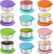 MIZOXY 12 Pack Salad Dressing Containers - Small Stainless Steel Spice Containers with Silicone Lids, Leak-Proof, Reusable, Snack Box