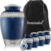 Reminded Set of 5 Etched Cremation Urns for Human Ashes - 1 Adult + 4 Keepsake Token Size, Blue